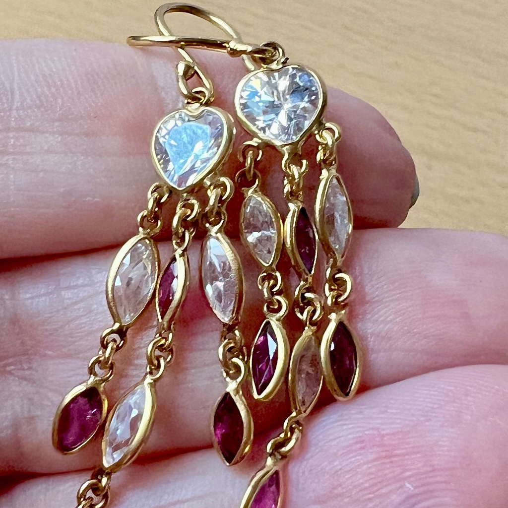 18k Yellow Gold Heart Cz Red Purple Spinel Dangle Drop Designer Earrings Unique